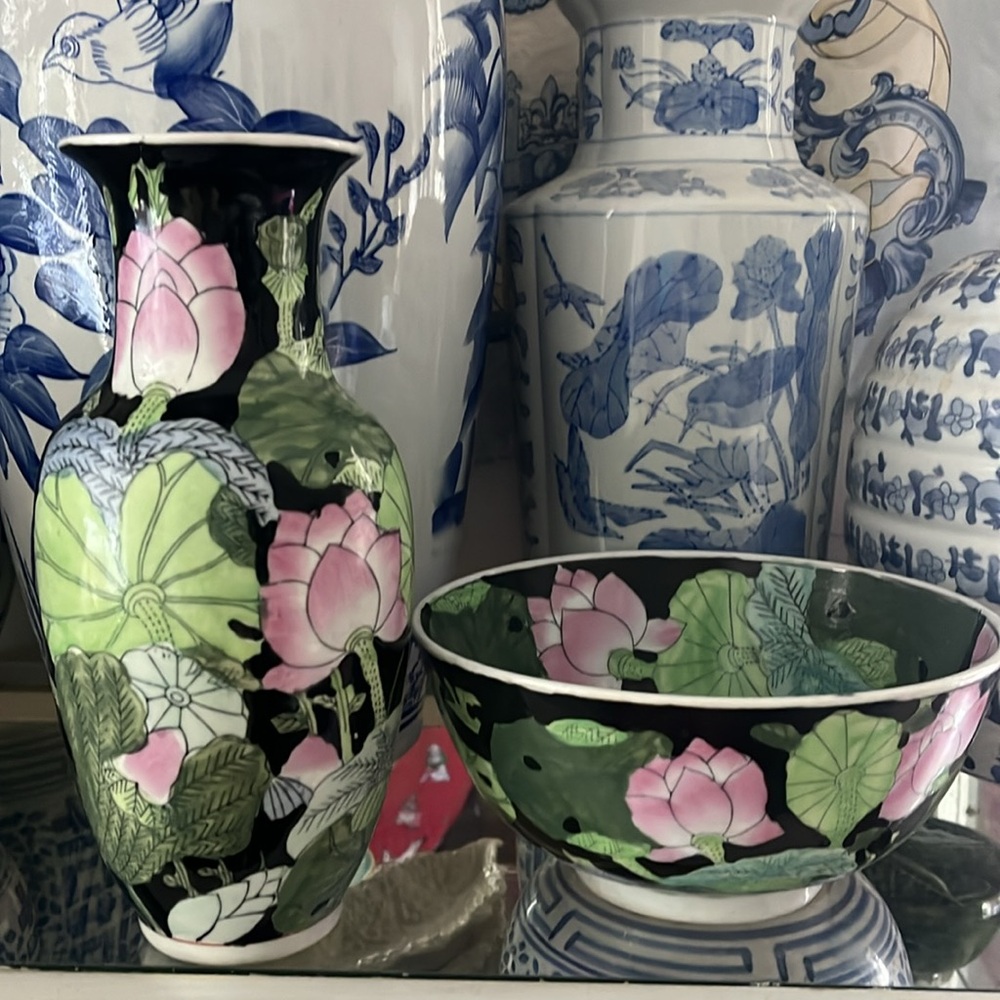 •VINTAGE MIDCENTURY CHINOISERIE CHIC BOWL VASE PALM BEACH MAXIMALIST•